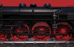 蒸汽机车轮子特写镜头插图红色的背景