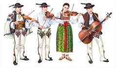 传统的扎科帕内人乐队把podhale服装玩小提琴波兰的较小的波兰高地人详细的插图孤立的白色