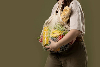 浪费概念女人持有可重用的棉花购物网袋<strong>食品</strong>杂货市场概念塑料浪费塑料免费的生态友<strong>好</strong>的概念可持续发展的生活方式
