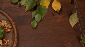 秋天框架高角视图坚果核桃黄色的桦木叶子木表格关闭拍摄背景模板全景横幅