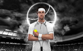 网球球员球拍白色服装男人。运动员大竞技场网球<strong>法院</strong>