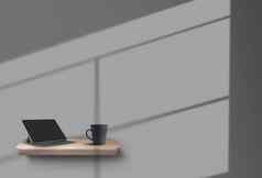 平板电脑杯站木架子上暂停灰色的墙阴影窗口模型特写镜头