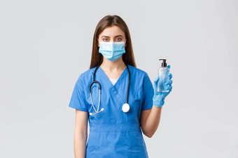 科维德防止病毒健康医疗保健工人检疫概念女护士医疗面具实习医生风云手套战斗冠状病毒持有手洗手液