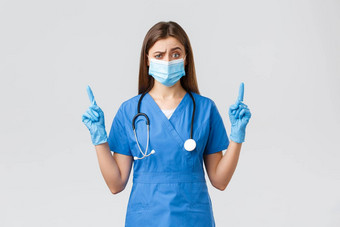 科维德防止病毒健康医疗保健工人检疫概念持怀疑态度女护士蓝色的实习医生风云医疗面具不要信息指出手指怀疑