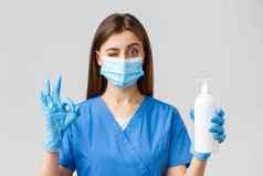 科维德防止病毒医疗保健工人检疫概念自信可爱的女护士医生蓝色的实习医生风云医疗面具手套批准推荐肥皂手洗手液