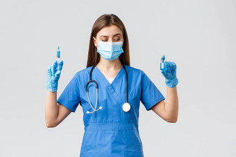 科维德防止病毒健康医疗保健工人检疫概念女护士医生蓝色的实习医生风云医疗面具手套灯泡冠状病毒疫苗持有注射器
