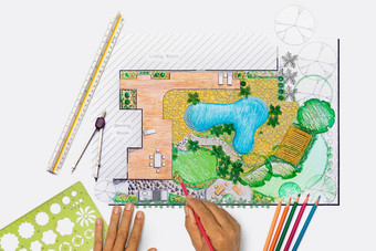 景观架构师学生设计后院花园池计划别墅