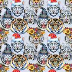 无缝的模式图像老虎的脸装饰装饰纺织品壁纸