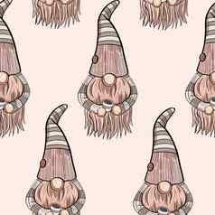 无缝的模式插图Gnome胡子他一年圣诞节象征米色背景