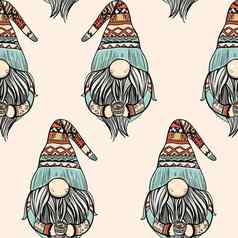 无缝的模式插图Gnome胡子他一年圣诞节象征米色背景