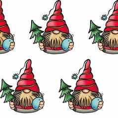 无缝的模式插图Gnome胡子他一年圣诞节象征白色孤立的背景
