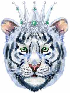 色彩斑斓的白色老虎银皇冠野生动物水彩插图白色背景