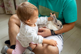 婴儿婴儿女孩玩装饰兔子父亲手