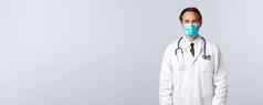 科维德防止病毒医疗保健工人疫苗接种概念中年专业治疗师白色外套医疗面具听病人诊所医生工作