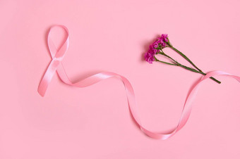 平躺长粉红色的缎丝带结束没完没了的花乳房癌症<strong>意识</strong>医疗概念孤立的粉红色的背景复制空间10月<strong>意识</strong>月运动