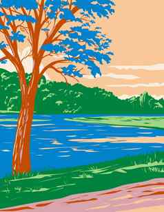 牛shoals-white河状态公园鳟鱼钓鱼流巴克斯特马里恩县阿肯色州水渍险海报艺术