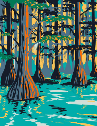 喀多人湖状态公园秃柏树树哈里森马里恩县东德州美国水渍险海报艺术