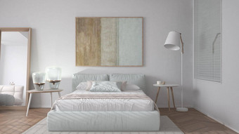 现代明亮的极简主义卧室白色音调双床上枕头羽绒被毯子木条镶花之地板窗口表格灯镜子噗地毯室内设计的想法