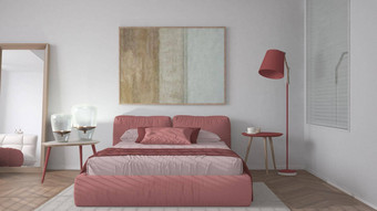 现代明亮的极简主义卧室红色的音调双床上枕头羽绒被毯子木条镶花之地板窗口表格灯镜子噗地毯室内设计的想法