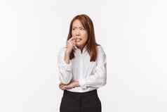 有关焦虑年轻的亚洲女人咬指甲感觉紧张担心思考后果坏决定白色背景