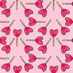 无缝的光栅模式心形状的棒棒糖糖果粉红色的背景