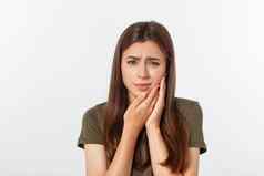 青少年女人紧迫的瘀伤脸颊痛苦的表达式可怕的牙疼痛