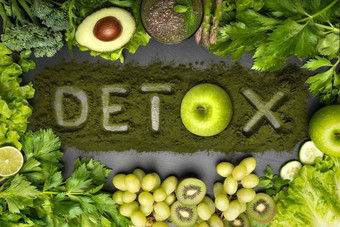 排毒饮食清洁健康的吃前视图新鲜的蔬菜水果小球藻排毒文本