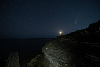 Hdr景观视图新<strong>智慧</strong>彗星白色灯塔晚上天空海滩