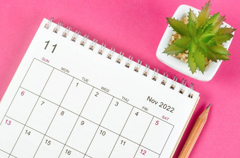 11月桌子上日历铅笔粉红色的背景