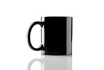 黑色的陶瓷杯咖啡茶光滑的表面孤立的白色背景模拟模板广告品牌区域关闭复制空间