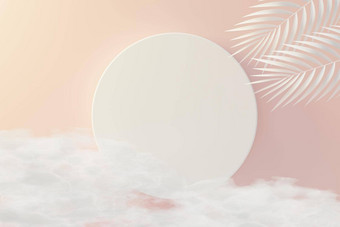 渲染前视图白色空白油缸框架模拟显示产品棕榈叶子云背景有创意的的想法概念