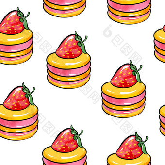 插图光栅无缝的模式轮黄色的红色的颜色<strong>蛋糕装饰草莓</strong>白色孤立的背景