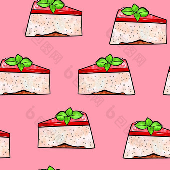 插图光栅无缝的模式一块蛋糕呼吸粉红色的颜色装饰绿色植物叶子粉红色的背景