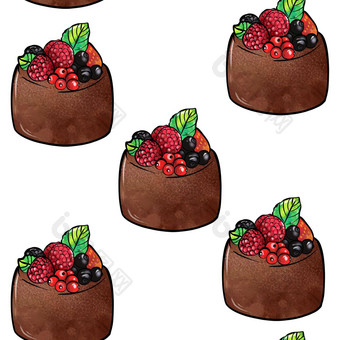 插图光栅无缝的模式棕色（的）颜色巧克力蛋糕装饰浆果白色孤立的背景