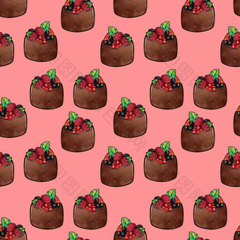 插图光栅无缝的模式棕色（的）颜色巧克力蛋糕装饰浆果粉红色的背景