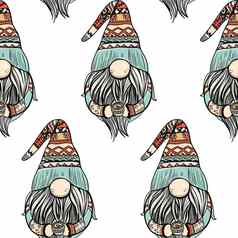 无缝的模式插图Gnome胡子他一年圣诞节象征白色孤立的背景