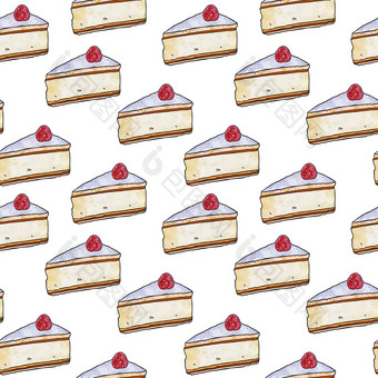 插图光栅无缝的模式一块蛋糕呼吸黄色的颜色装饰浆果白色孤立的背景