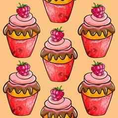 插图光栅无缝的模式奶油甜点红色的颜色装饰草莓黄色的背景