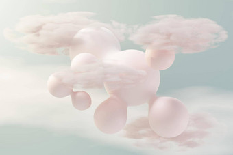 渲染柔和的球肥皂泡沫斑点浮动空气毛茸茸的云海洋浪漫土地梦想场景自然摘要<strong>梦幻天空</strong>