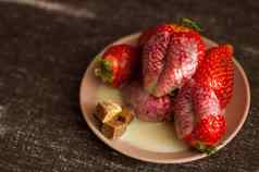 红色的成熟的草莓轮板狗糖块融化了白色巧克力