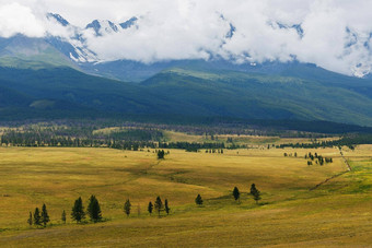 <strong>风景</strong>优美的视图白雪覆盖的北楚雅范围阿尔<strong>泰山</strong>夏天西伯利亚俄罗斯