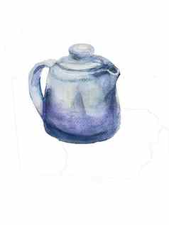 水彩茶壶白色蓝色的厨房贴纸