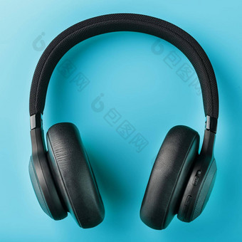 无线黑色的耳机蓝色的背景视图入耳式耳机玩游戏听音乐跟踪