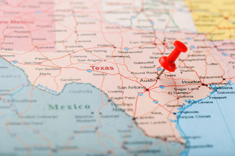 红色的文书针地图美国德州资本奥斯丁特写镜头地图德州红色的谢谢