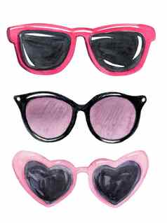 水彩粉红色的太阳镜集孤立的白色背景夏天集合心形状的眼镜