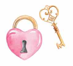 水彩粉红色的心形状的挂锁金关键孤立的白色背景