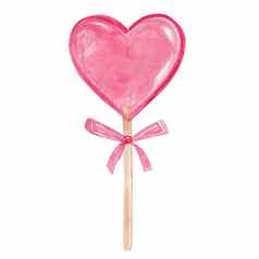 水彩粉红色的心形状的棒棒糖坚持粉红色的弓孤立的白色背景情人节一天甜蜜的糖果甜点