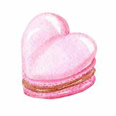 水彩粉红色的心形状马卡龙蛋糕孤立的白色背景情人节一天甜点