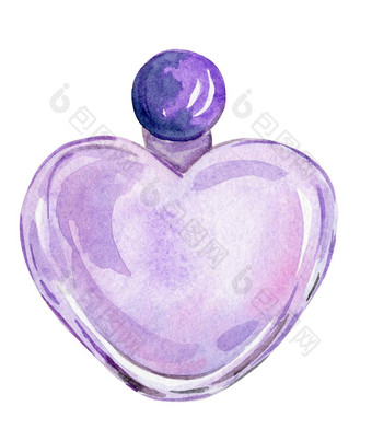 水彩手画紫色的心形状的<strong>香水</strong>玻璃瓶孤立的白色背景标志设计品牌时尚行业<strong>香水</strong>