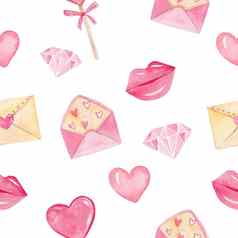 水彩粉红色的吻心无缝的模式白色背景情人节一天打印信封钻石糖果完美的织物纺织剪贴簿包装纸
